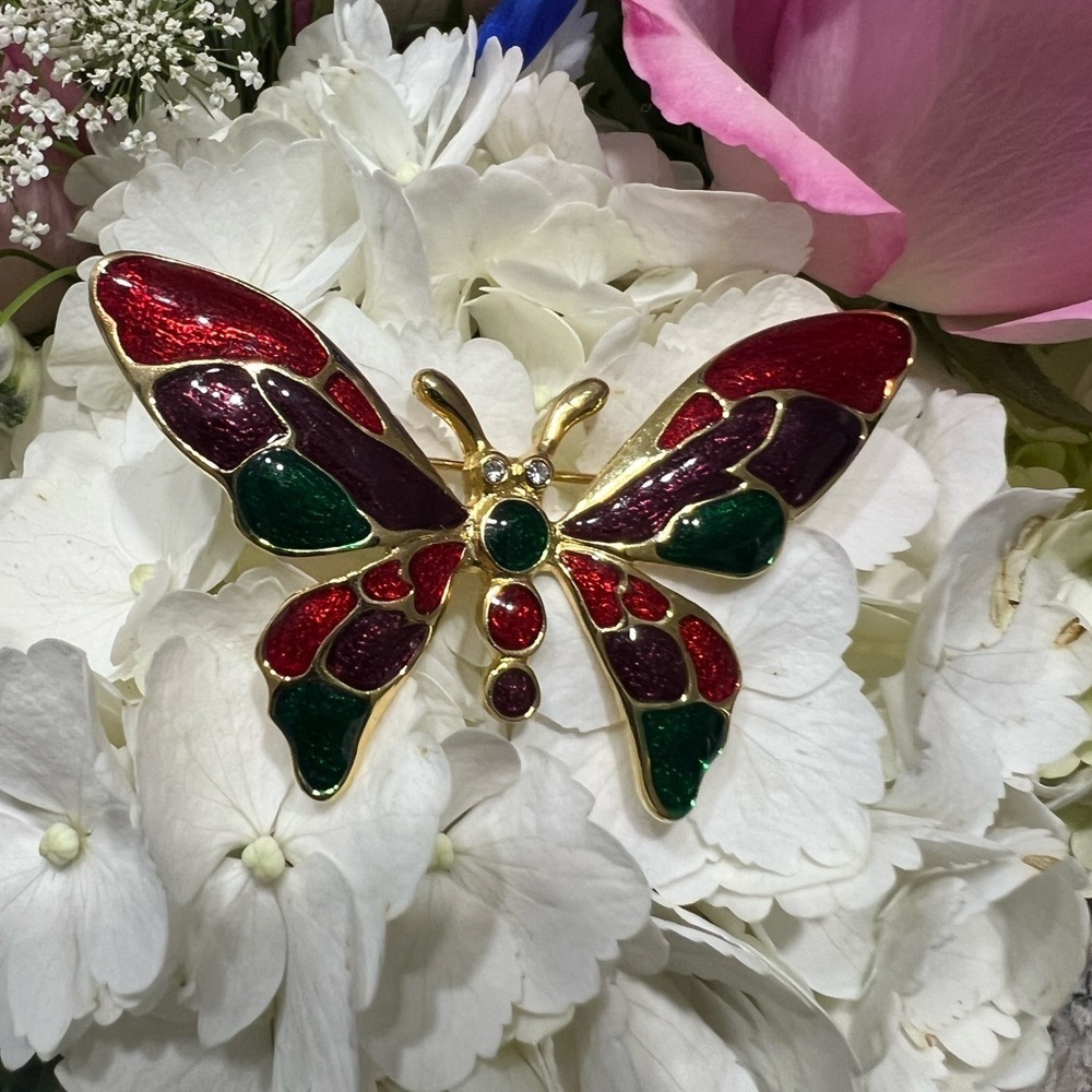 Vintage Vibrant Butterfly Brooch with Gold Accents